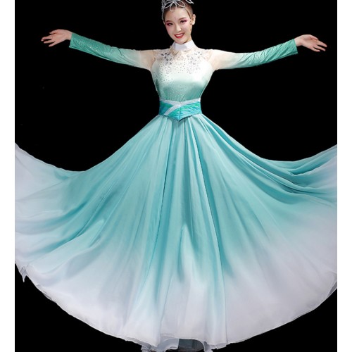 Mint gradient chinese folk dance dress for women girls hanfu fairy classical dance costumes bloom song accompany dance costume choir dress